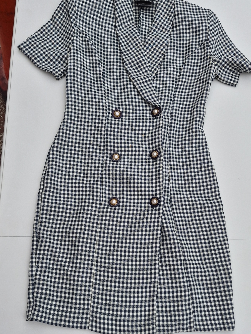 Vintage Double-Breasted Gingham Mini Dress - Blue & White Size 6P